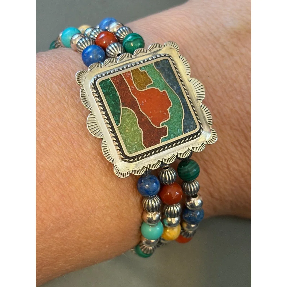 Carolyn Pollack Relios Sterling Multi Gemstone Desert Scene Beaded Cuff Bracelet
